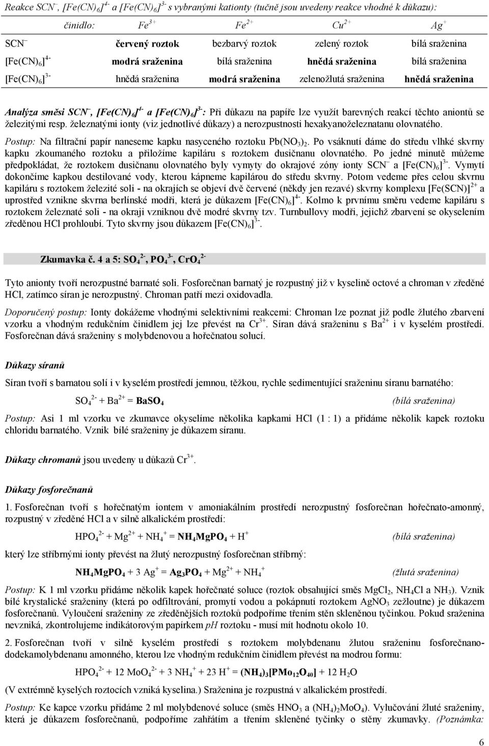 6 ] 4- a [Fe(CN) 6 ] 3- : Při důkazu na papíře lze využít barevných reakcí těchto aniontů se železitými resp.