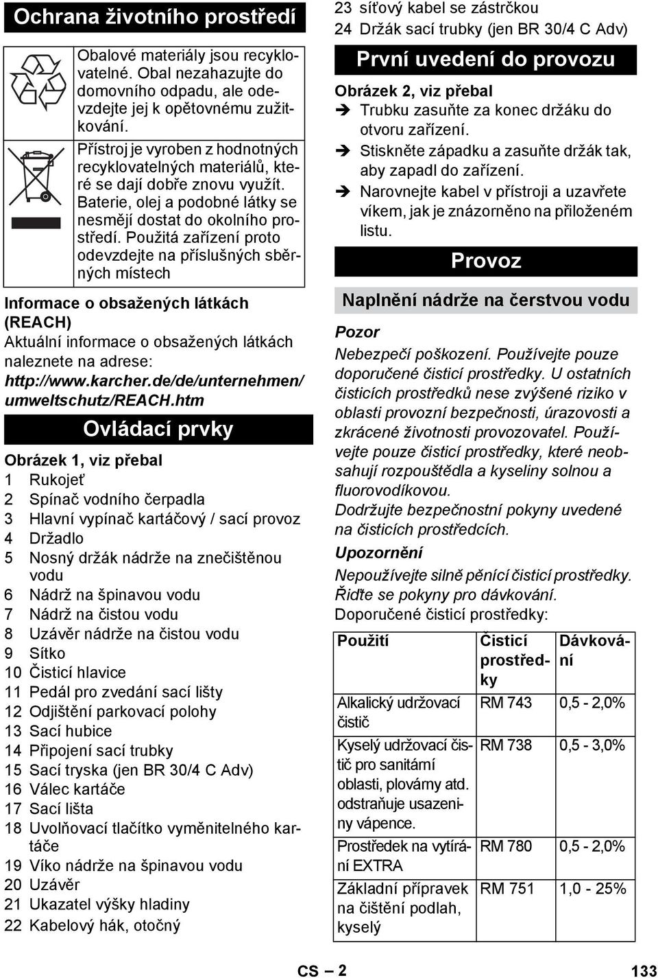Použitá zařízení proto odevzdejte na příslušných sběrných místech Informace o obsažených látkách (REACH) Aktuální informace o obsažených látkách naleznete na adrese: http://www.karcher.