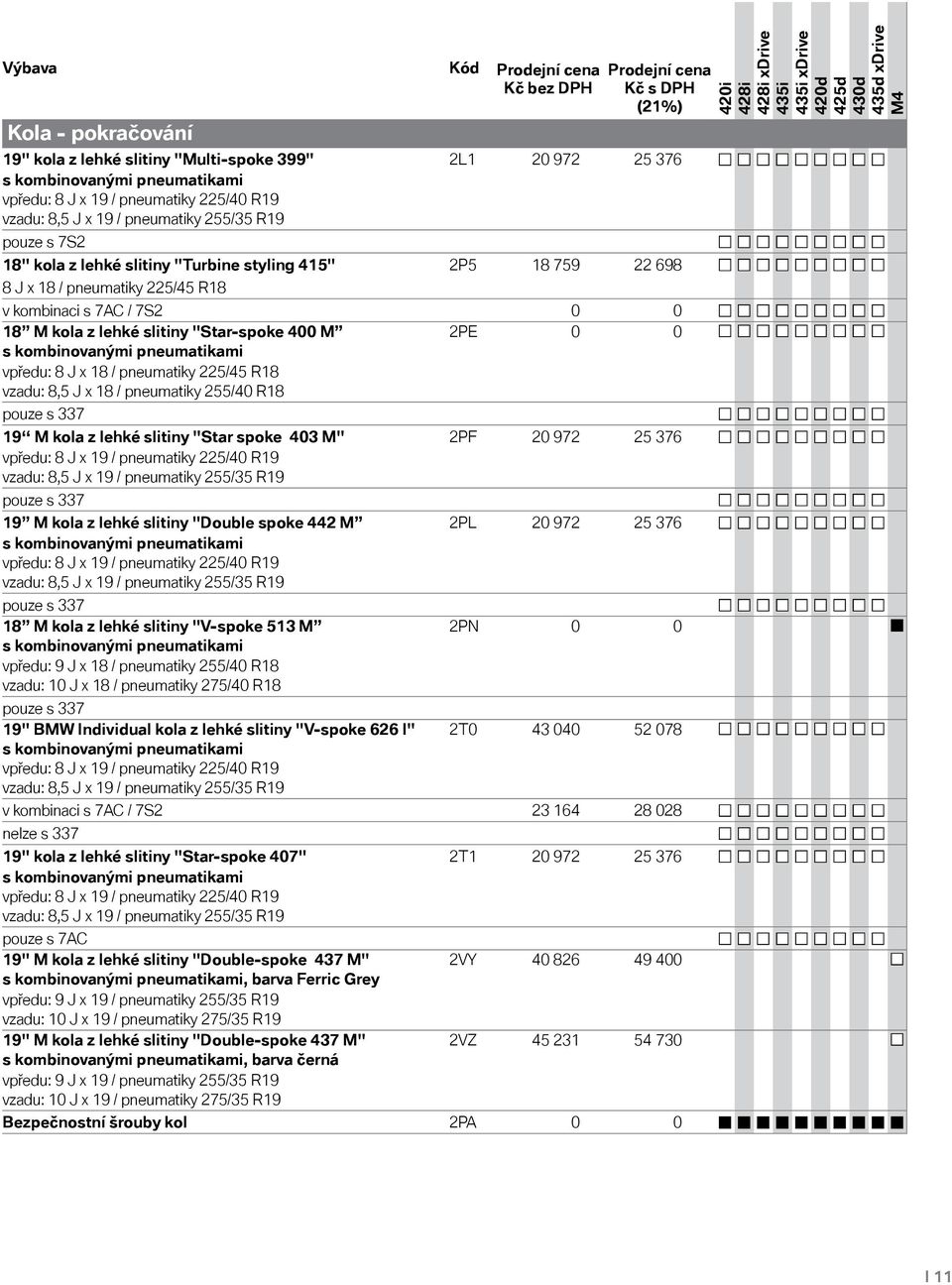 400 M 2PE 0 0 s kombinovanými pneumatikami vpředu: 8 J x 18 / pneumatiky 225/45 R18 vzadu: 8,5 J x 18 / pneumatiky 255/40 R18 pouze s 337 19 M kola z lehké slitiny "Star spoke 403 M" 2PF 20 972 25