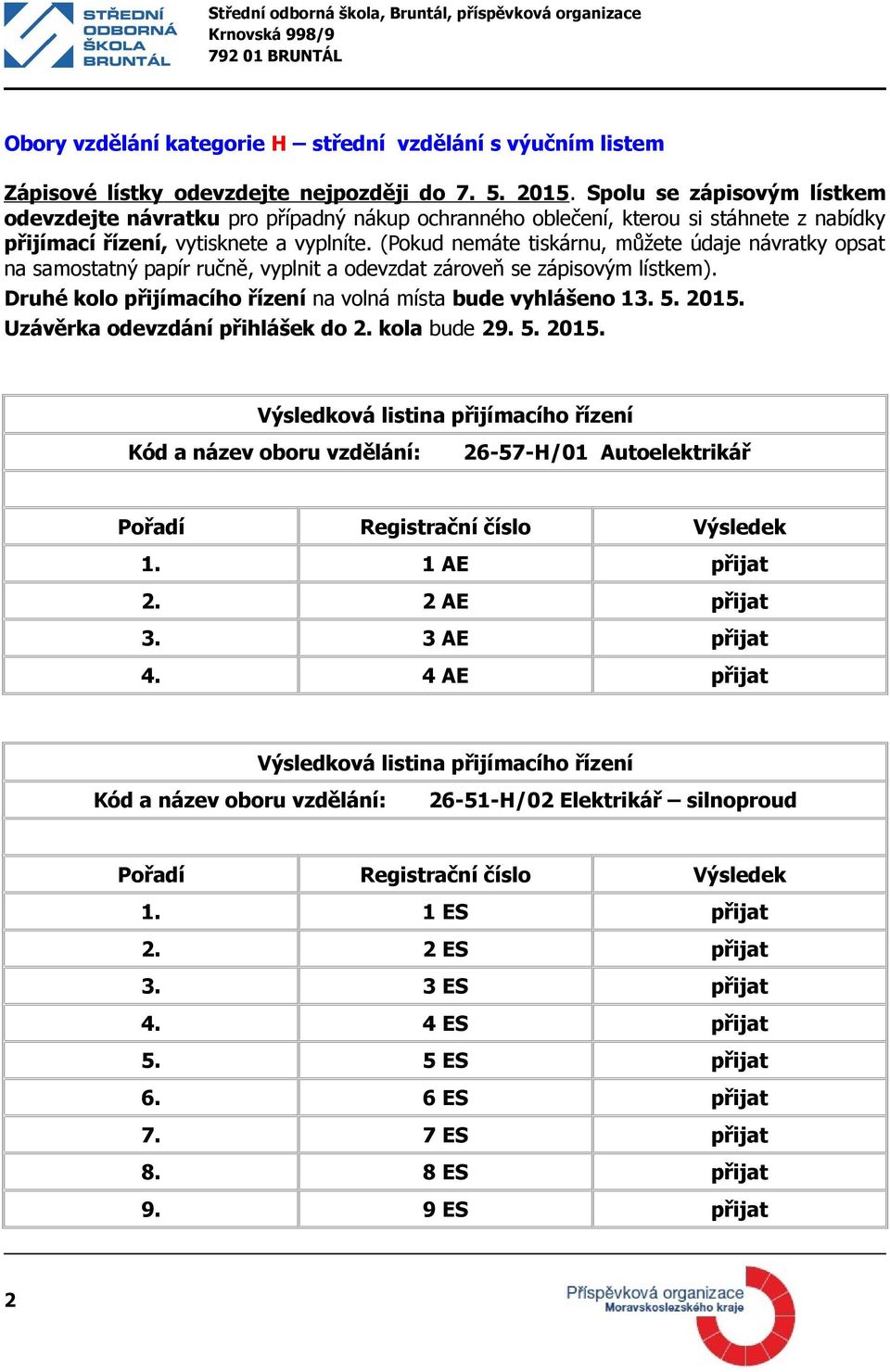 (Pokud nemáte tiskárnu, můžete údaje návratky opsat na samostatný papír ručně, vyplnit a odevzdat zároveň se zápisovým lístkem). Druhé kolo přijímacího řízení na volná místa bude vyhlášeno 13. 5.