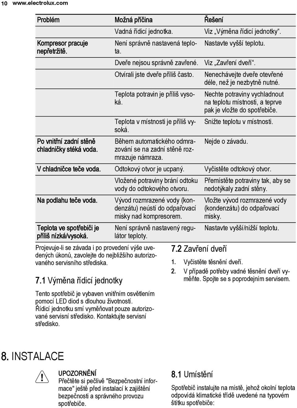 Během automatického odmrazování se na zadní stěně rozmrazuje námraza. Viz Výměna řídicí jednotky. Nastavte vyšší teplotu. Viz Zavření dveří. Nenechávejte dveře otevřené déle, než je nezbytně nutné.