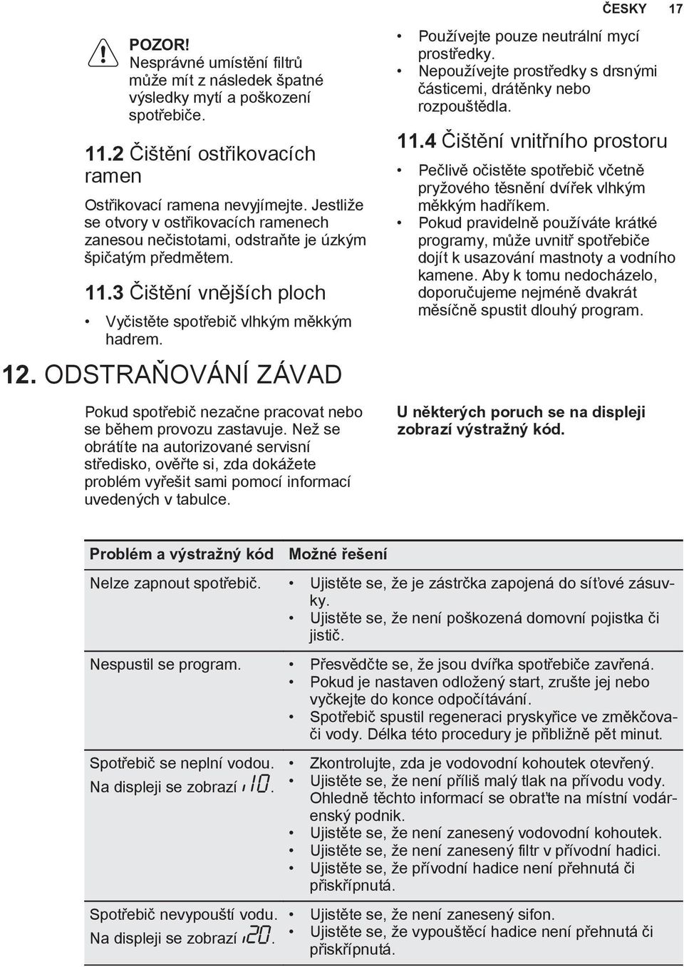 ODSTRAŇOVÁNÍ ZÁVAD Pokud spotřebič nezačne pracovat nebo se během provozu zastavuje.