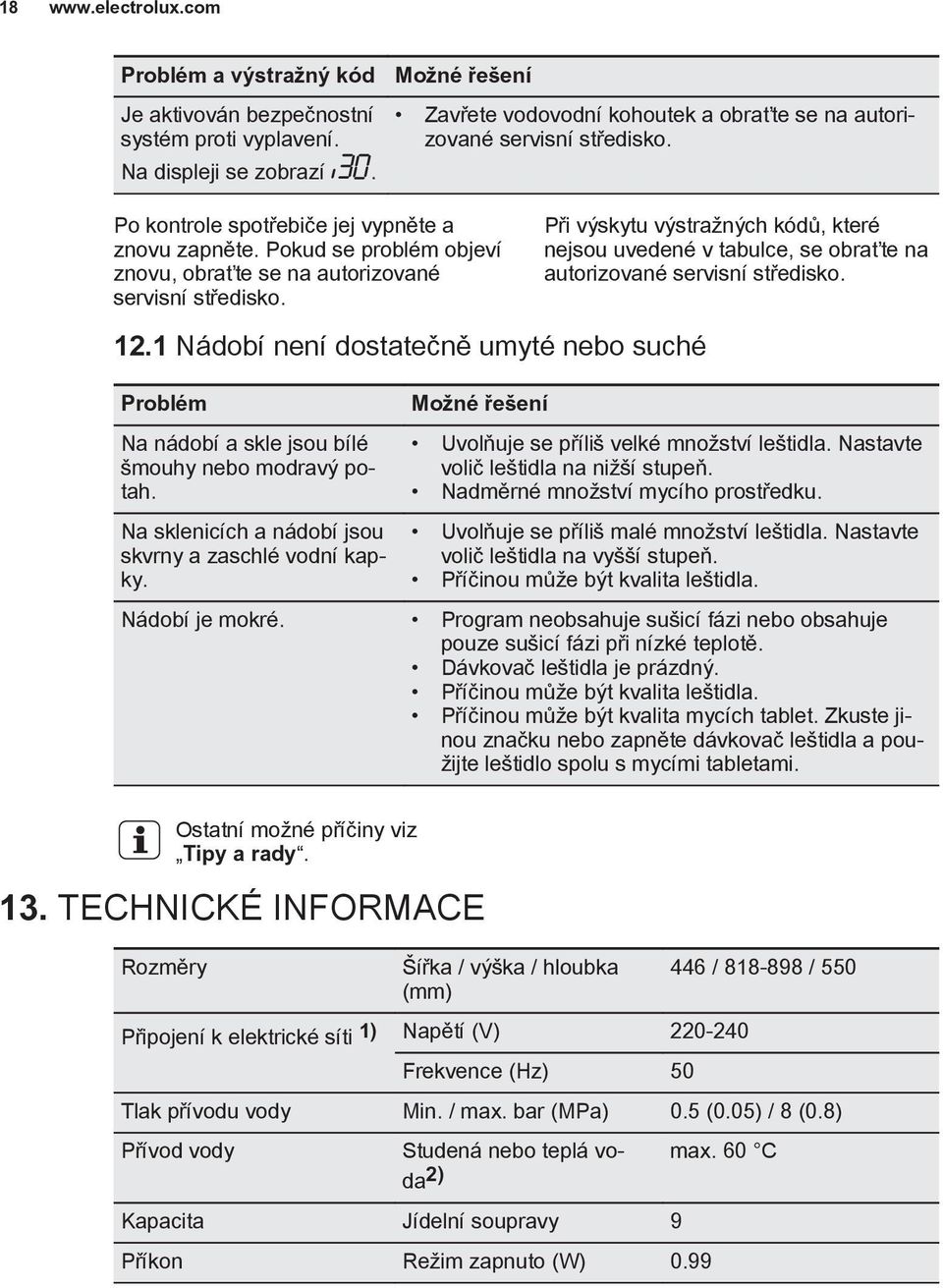 Při výskytu výstražných kódů, které nejsou uvedené v tabulce, se obraťte na autorizované servisní středisko. 12.