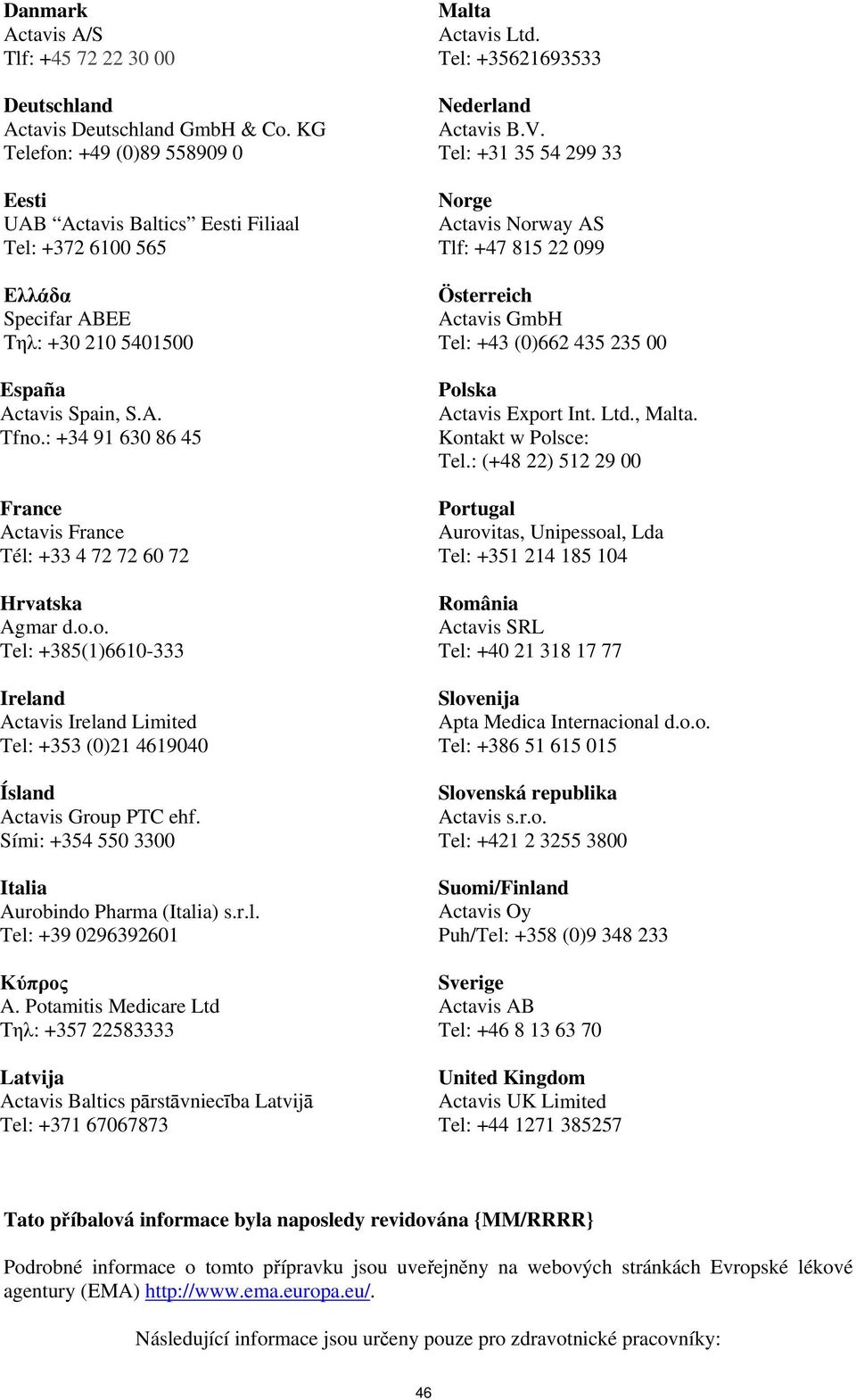 : +34 91 630 86 45 France Actavis France Tél: +33 4 72 72 60 72 Hrvatska Agmar d.o.o. Tel: +385(1)6610-333 Ireland Actavis Ireland Limited Tel: +353 (0)21 4619040 Ísland Actavis Group PTC ehf.