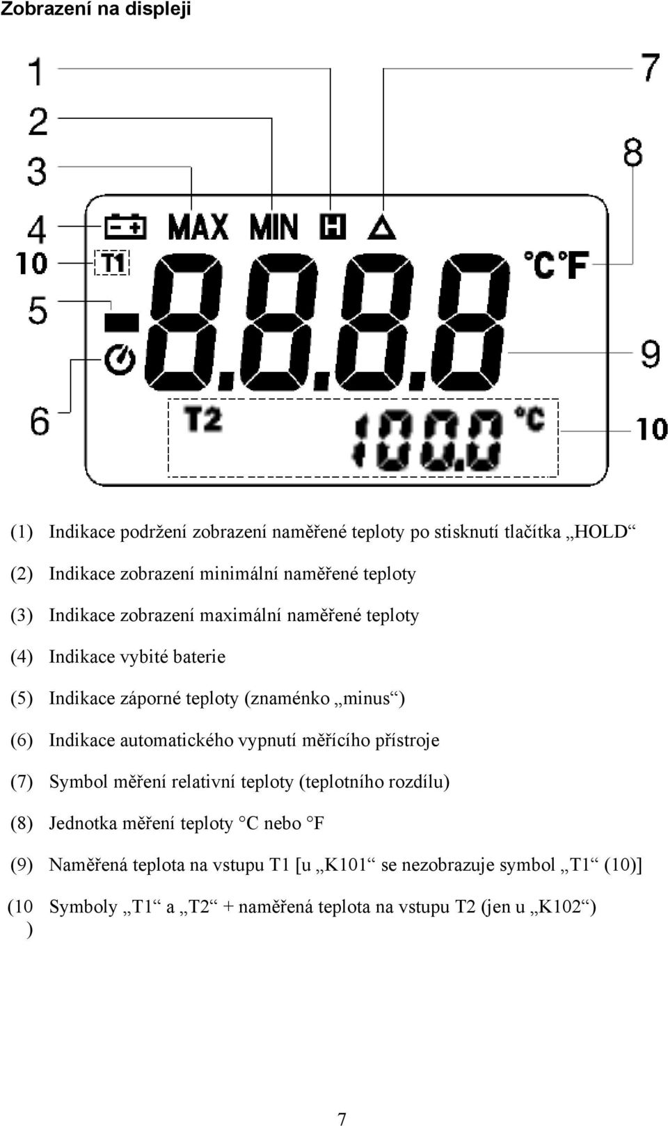 Indikace automatického vypnutí měřícího přístroje (7) Symbol měření relativní teploty (teplotního rozdílu) (8) Jednotka měření teploty C