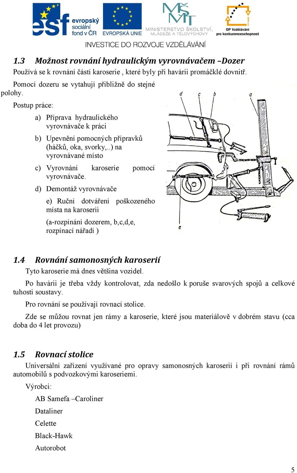 d) Demontáž vyrovnávače e) Ruční dotváření poškozeného místa na karoserii (a-rozpínání dozerem, b,c,d,e, rozpínací nářadí ) 1.4 Rovnání samonosných karoserií Tyto karoserie má dnes většina vozidel.