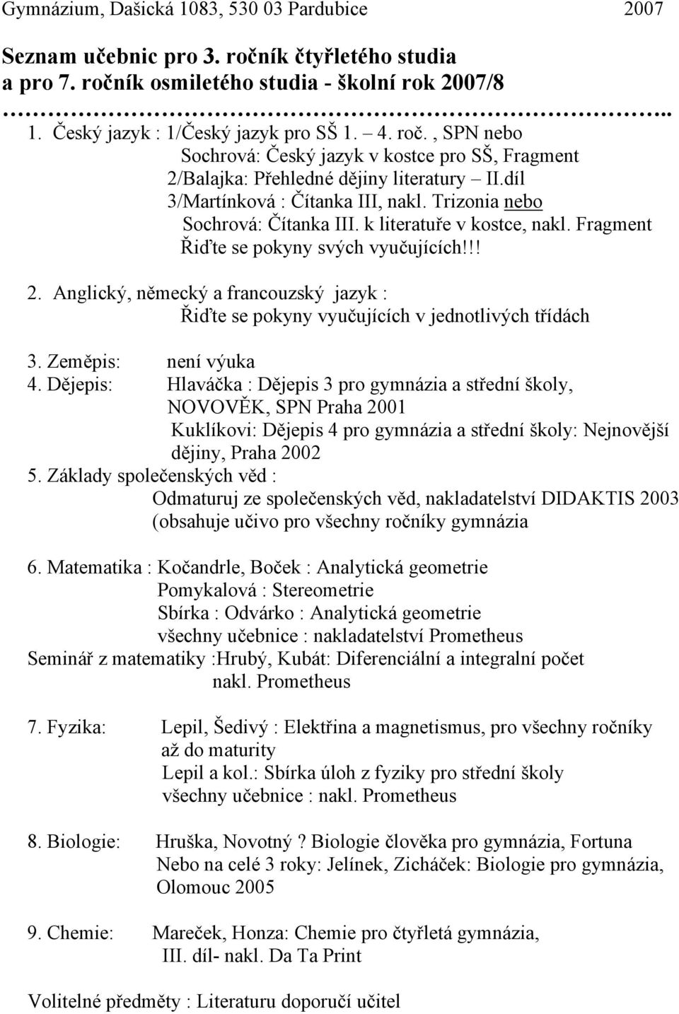 Anglický, německý a francouzský jazyk : Řiďte se pokyny vyučujících v jednotlivých třídách 3. Zeměpis: není výuka 4.