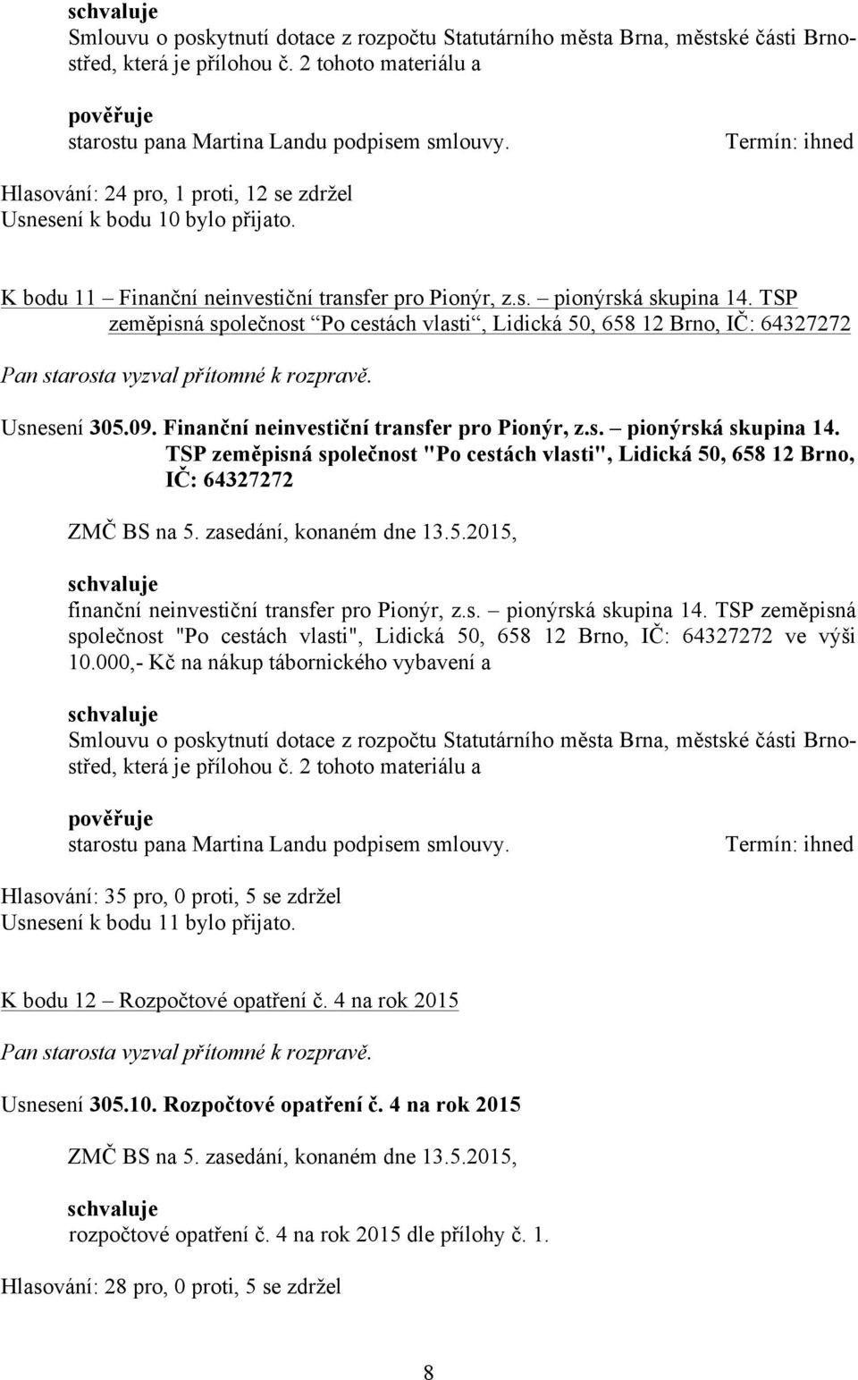 TSP zeměpisná společnost Po cestách vlasti, Lidická 50, 658 12 Brno, IČ: 64327272 Usnesení 305.09. Finanční neinvestiční transfer pro Pionýr, z.s. pionýrská skupina 14.