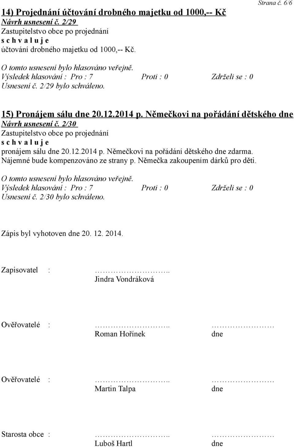 Nájemné bude kompenzováno ze strany p. Němečka zakoupením dárků pro děti. Usnesení č. 2/30 bylo schváleno. Zápis byl vyhotoven 20. 12. 2014.