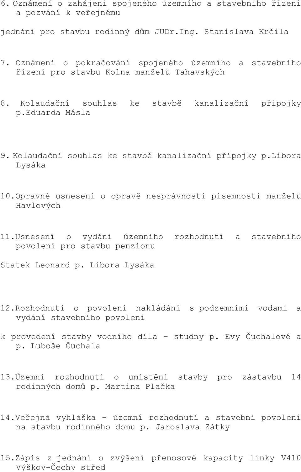 Kolaudační souhlas ke stavbě kanalizační přípojky p.libora Lysáka 10.Opravné usnesení o opravě nesprávnosti písemností manželů Havlových 11.