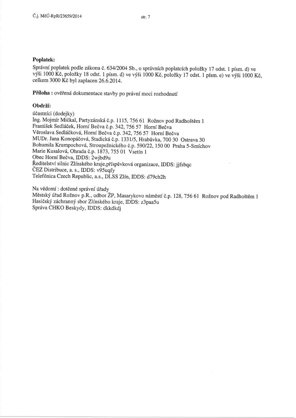 56 6l RoZnov pod Radhostdm 1 Franti5ek Sedl6dek, Horni Bedva 8.p,342,'156 57 Horni Bedva Vdroslava Sedliidkov6, Horni Bedva d,p. 342,756 5j Horni Bedva MUDr, Jana Konop6dov6, Stadickd (,.