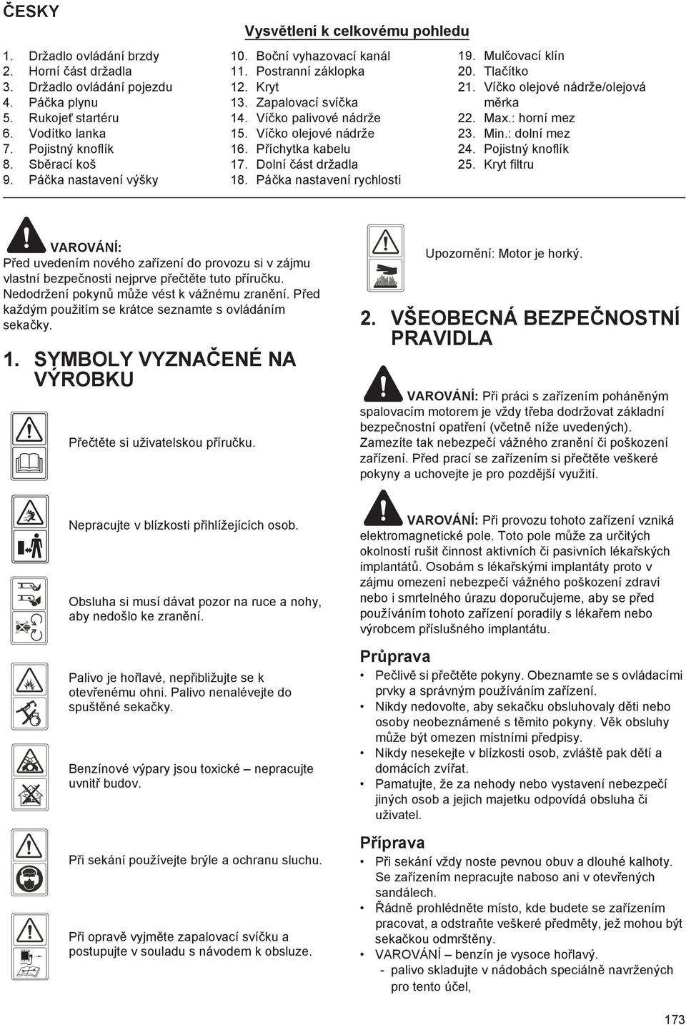 P íchytka kabelu 17. Dolní ást držadla 18. Pá ka nastavení rychlosti 19. Mul ovací klín 20. Tla ítko 21. Ví ko olejové nádrže/olejová m rka 22. Max.: horní mez 23. Min.: dolní mez 24.