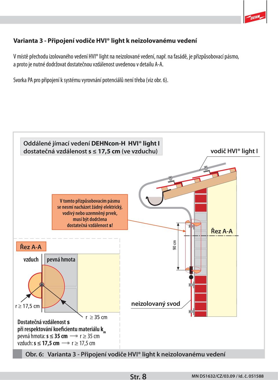 Oddálené jímací vedení DEHNcon-H HVI light I dostatečná vzdálenost s 17,5 cm (ve vzduchu) vodič HVI light I V tomto přizpůsobovacím pásmu se nesmí nacházet žádný elektrický, vodivý nebo uzemněný