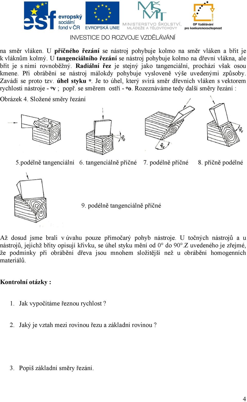 Je to úhel, který svírá směr dřevních vláken s vektorem rychlosti nástroje - ᵠv ; popř. se směrem ostří - ᵠo. Rozeznáváme tedy další směry řezání : Obrázek 4. Složené směry řezání 5.