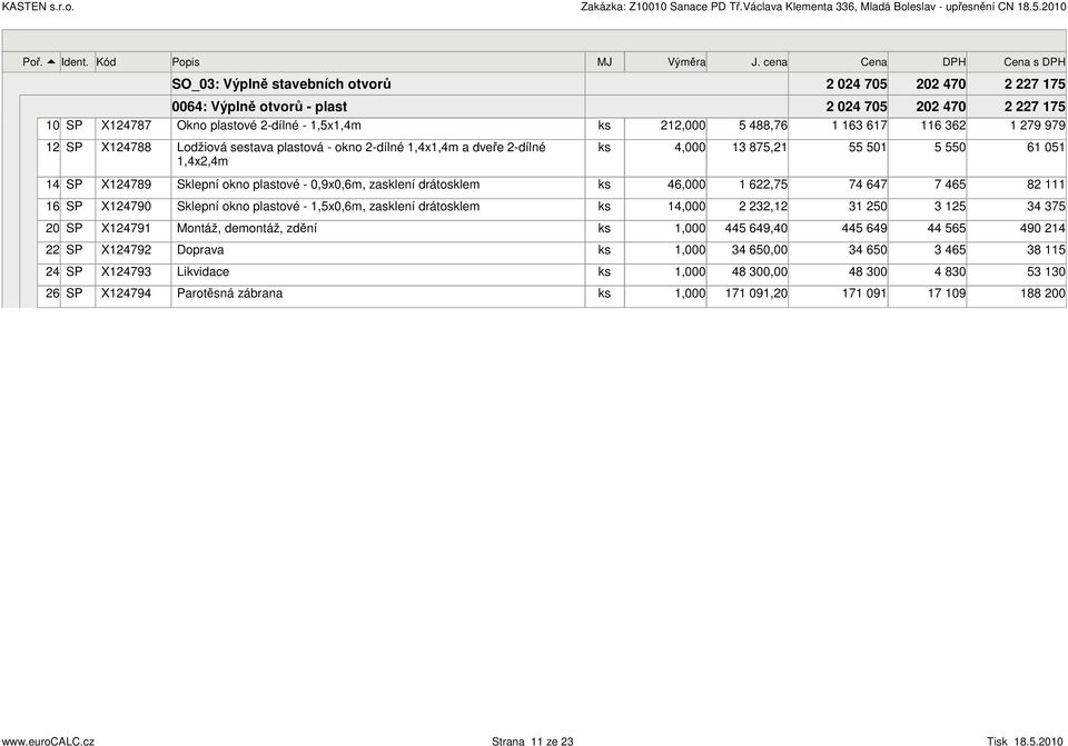 Lodžiová sestava plastová okno dílné,4x,4 a dveře dílné,4x,4 4,000 87, 0 0 6 0 4 X4789 Sklepní okno plastové 0,9x0,6, zasklení drátoskle 46,000 6,7 74 647 7 46 8 6 X4790