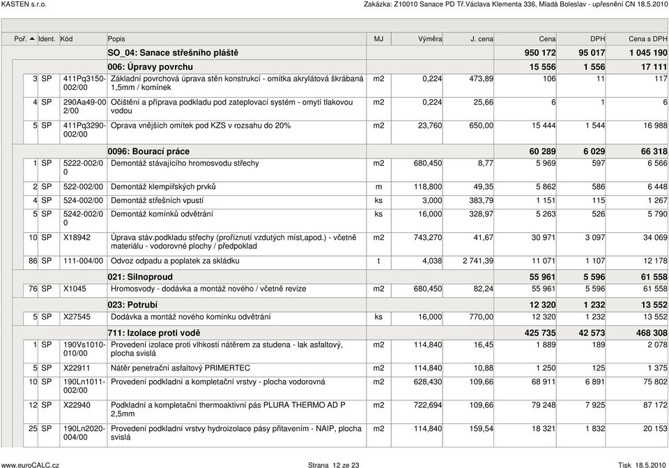 Očištění a příprava podkladu pod zateplovací systé oytí tlakovou vodou 0,4,66 6 6 4Pq90 Oprava vnějších oítek pod KZS v rozsahu do 0,760 60,00 444 44 6 988 0096: Bourací práce 60 89 6 09 66 8 00/0 0