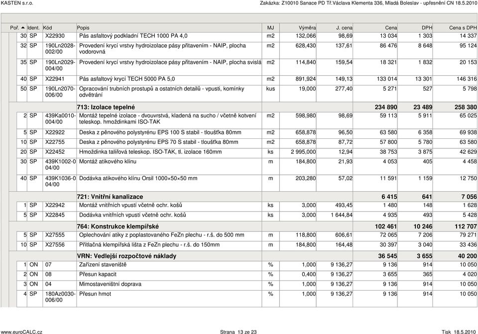 Provedení krycí vrstvy hydroizolace pásy přitavení NAIP, plocha svislá 4,840 9,4 8 8 0 40 X94 Pás asfaltový krycí TECH 000 PA,0 89,94 49, 04 0 46 6 0 90Ln070 Opracování trubních prostupů a ostatních