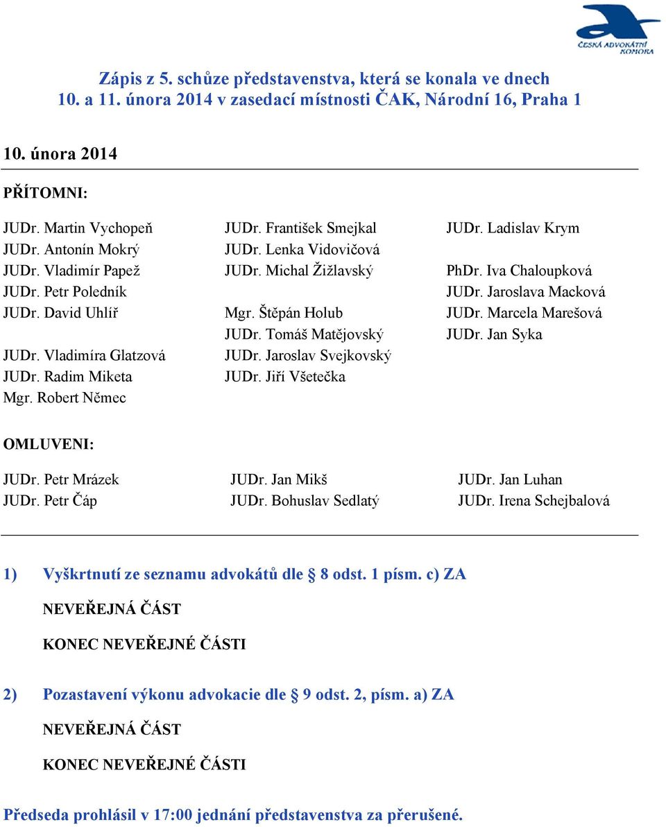 Štěpán Holub JUDr. Tomáš Matějovský JUDr. Jaroslav Svejkovský JUDr. Jiří Všetečka JUDr. Ladislav Krym PhDr. Iva Chaloupková JUDr. Jaroslava Macková JUDr. Marcela Marešová JUDr.