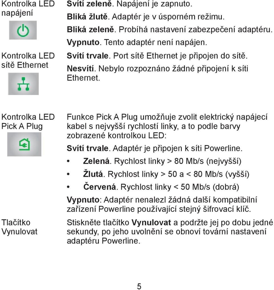 Kontrolka LED Pick A Plug Tlačítko Vynulovat Funkce Pick A Plug umožňuje zvolit elektrický napájecí kabel s nejvyšší rychlostí linky, a to podle barvy zobrazené kontrolkou LED: Svítí trvale.