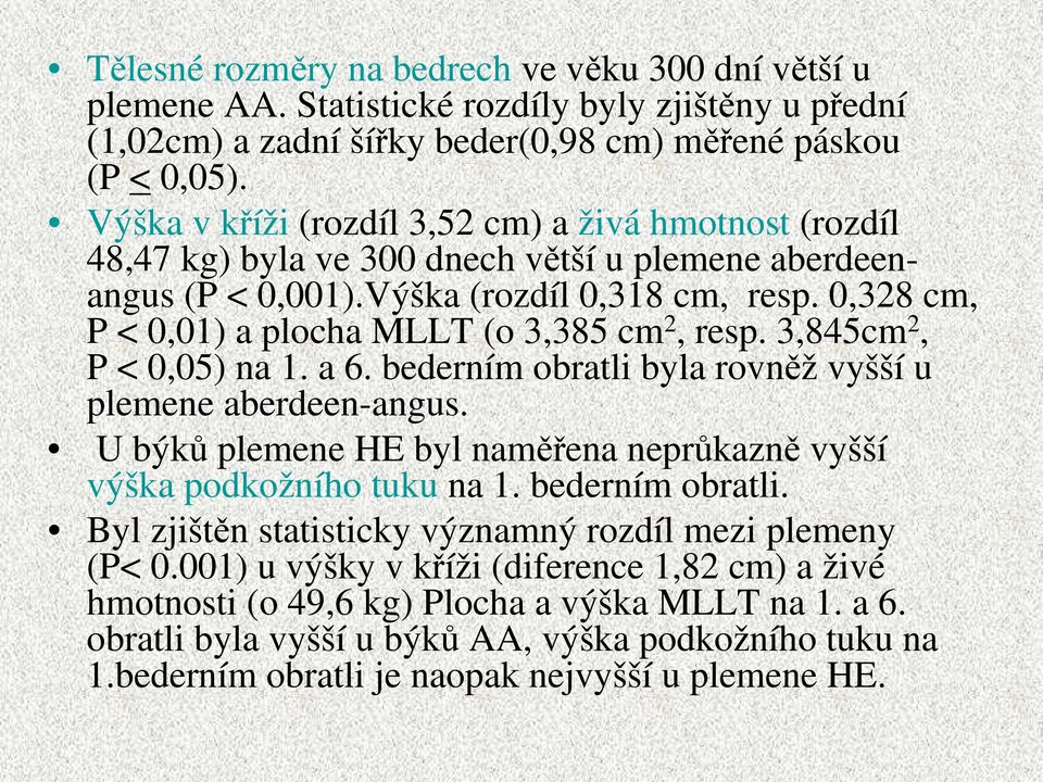 0,328 cm, P < 0,01) a plocha MLLT (o 3,385 cm 2, resp. 3,845cm 2, P < 0,05) na 1. a 6. bederním obratli byla rovněž vyšší u plemene aberdeen-angus.