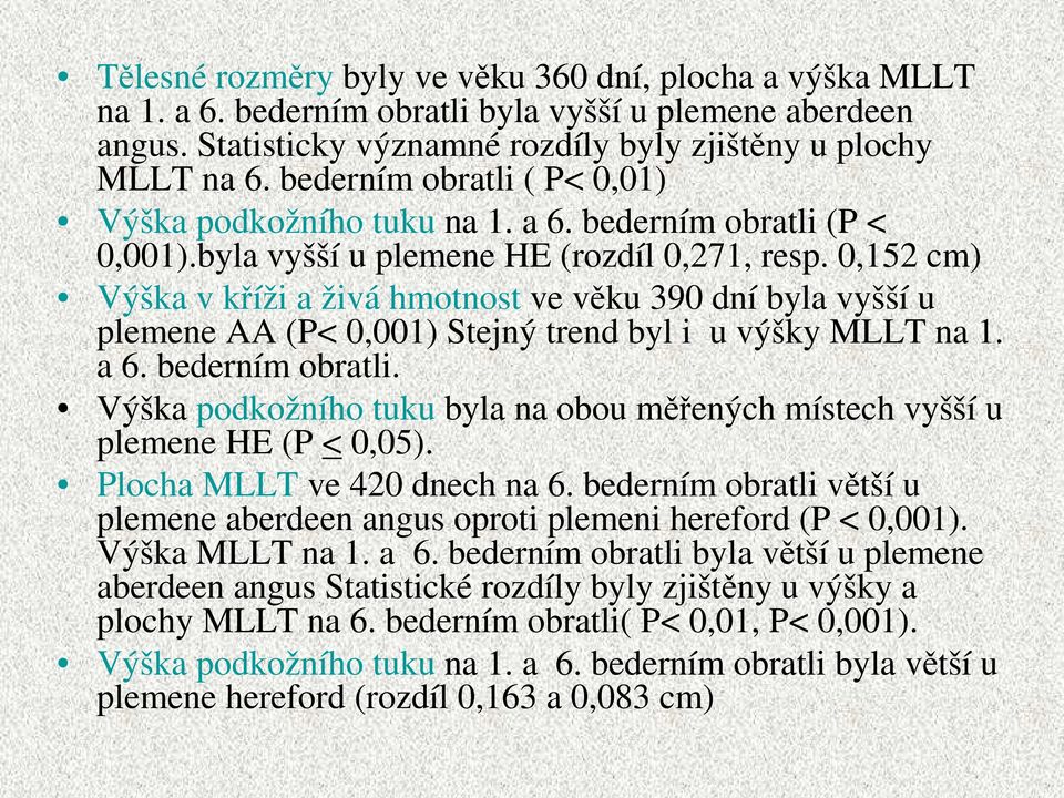 0,152 cm) Výška v kříži a živá hmotnost ve věku 390 dní byla vyšší u plemene AA (P< 0,001) Stejný trend byl i u výšky MLLT na 1. a 6. bederním obratli.