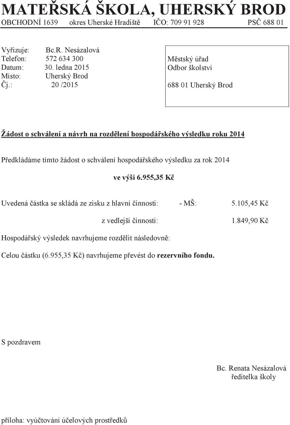 : 20 /2015 M stský ú ad Odbor školství 688 01 Uherský Brod Žádost o schválení a návrh na rozd lení hospodá ského výsledku roku 2014 P edkládáme tímto žádost o schválení hospodá