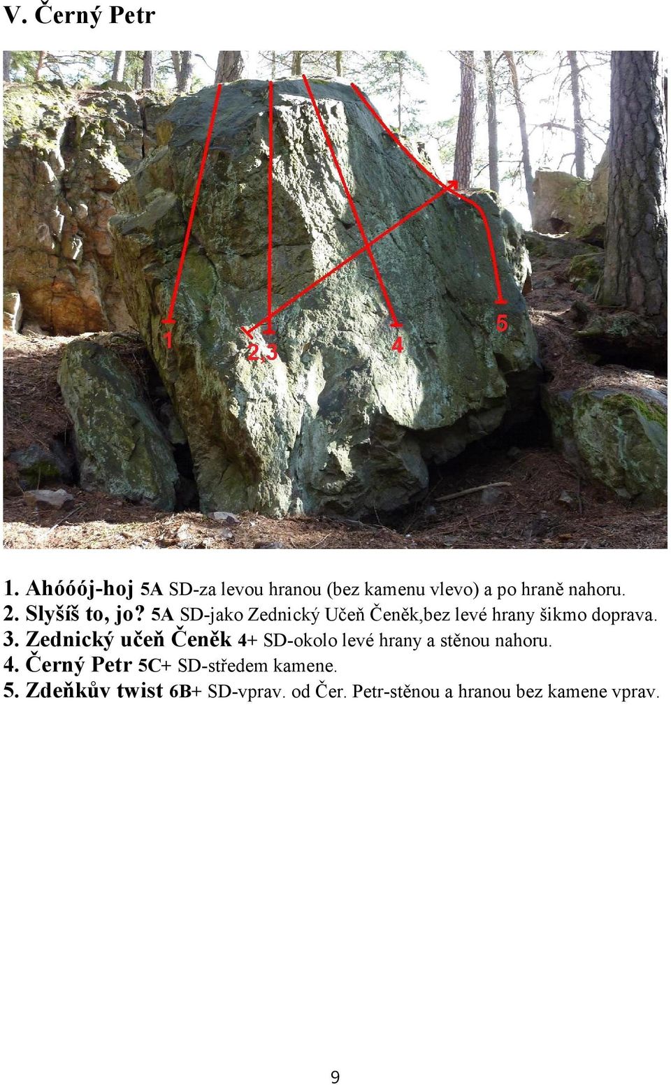 Zednický učeň Čeněk 4+ SD-okolo levé hrany a stěnou nahoru. 4. Černý Petr 5C+ SD-středem kamene.
