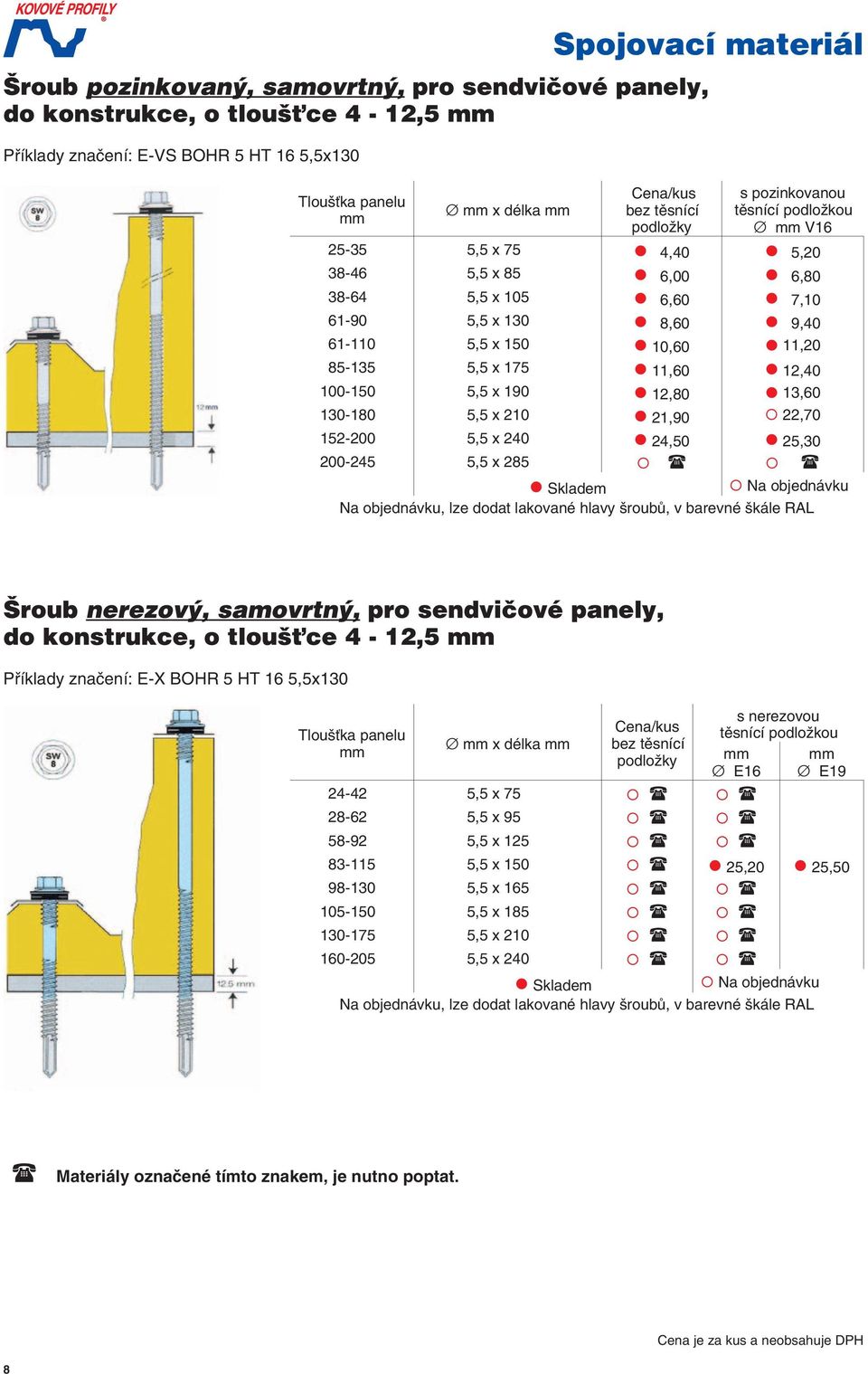 200-245 5,5 x 285 Na objednávku, lze doda lakované hlavy šroubů, v barevné škále RAL Příklady značení: -X BOHR 5 HT 16 5,5x130 Tloušťka panelu mm ena/kus bez ěsnící podložky 24-42 5,5 x 75 28-62 5,5