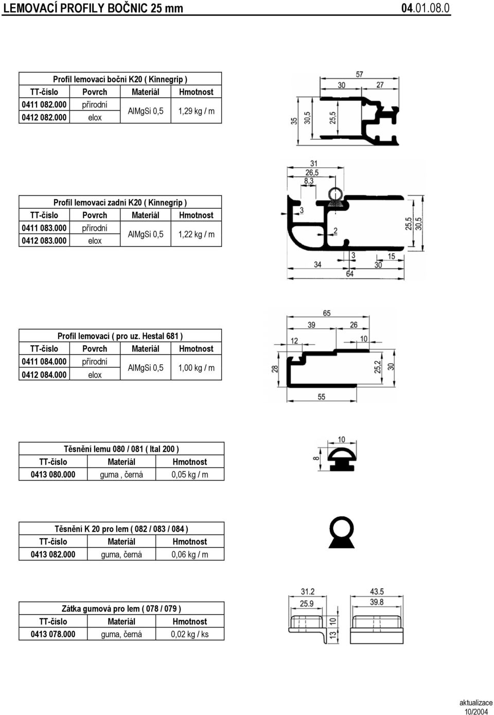 Hestal 681 ) Povrch Materiál 0411 084.000 přírodní AlMgSi 0,5 1,00 kg / m 0412 084.000 elox Těsnění lemu 080 / 081 ( Ital 200 ) Materiál 0413 080.