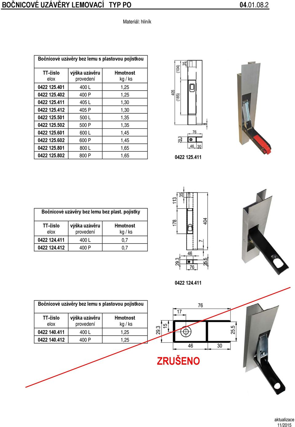 602 600 P 1,45 0422 125.801 800 L 1,65 0422 125.802 800 P 1,65 0422 125.411 Bočnicové uzávěry bez lemu bez plast. pojistky elox výška uzávěru provedení 0422 124.