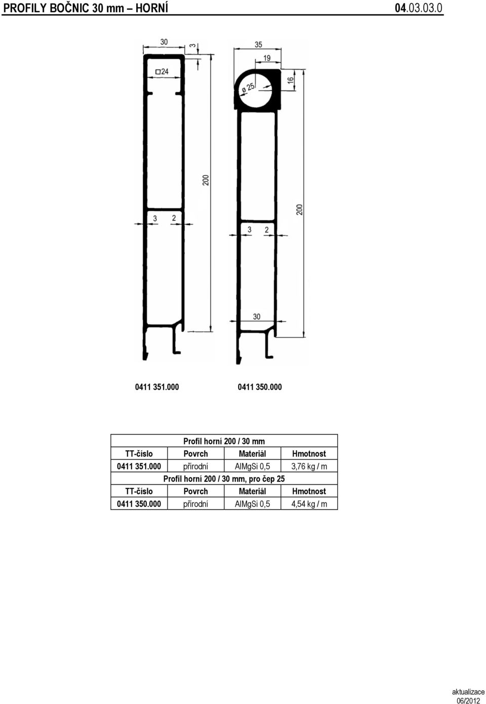 000 přírodní AlMgSi 0,5 3,76 kg / m Profil horní 200 / 30,