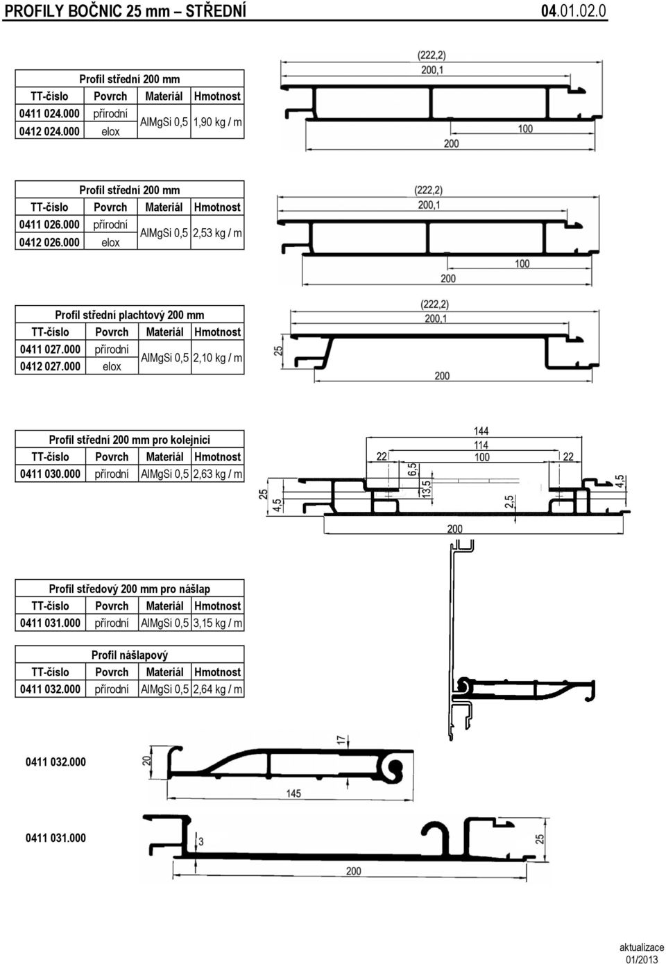 000 elox Profil střední plachtový 200 Povrch Materiál 0411 027.000 přírodní AlMgSi 0,5 2,10 kg / m 0412 027.