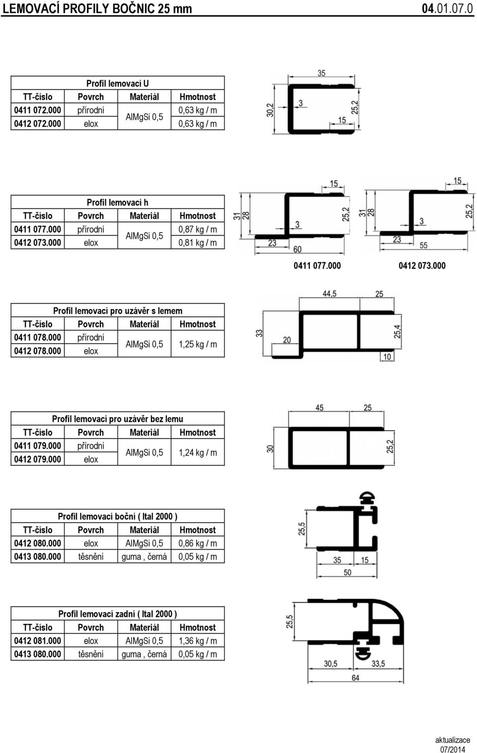 000 elox Profil lemovací pro uzávěr bez lemu Povrch Materiál 0411 079.000 přírodní AlMgSi 0,5 1,24 kg / m 0412 079.000 elox Profil lemovací boční ( Ital 2000 ) Povrch Materiál 0412 080.