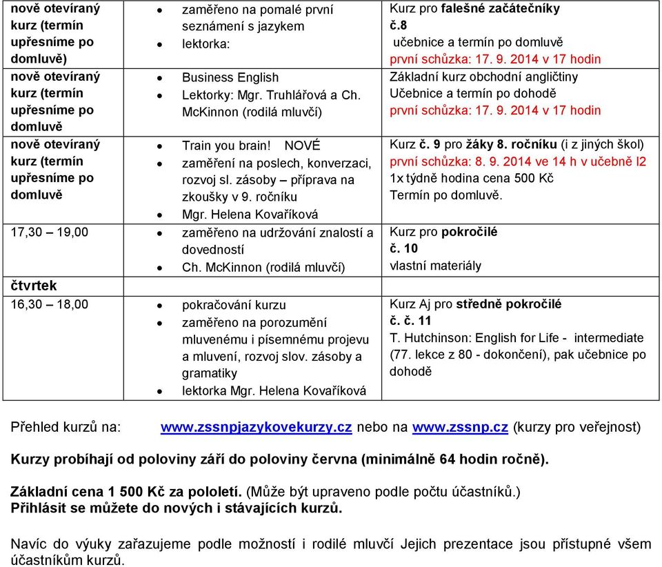 Helena Kovaříková 17,30 19,00 zaměřeno na udržování znalostí a dovedností Ch.