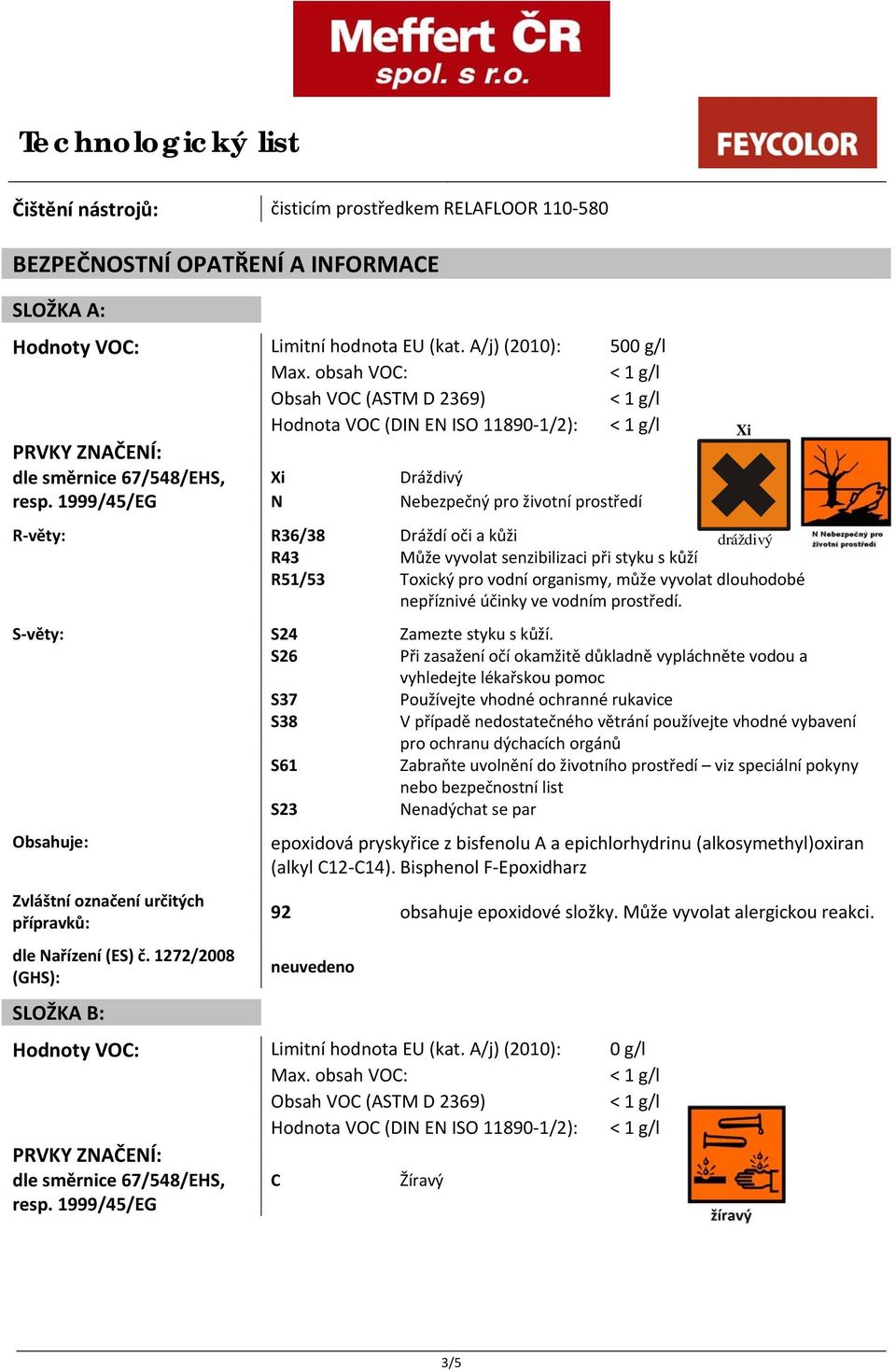 1999/45/EG N Nebezpečný pro životní prostředí R věty: R36/38 Dráždí oči a kůži dráždivý R43 Může vyvolat senzibilizaci při styku s kůží R51/53 Toxický pro vodní organismy, může vyvolat dlouhodobé