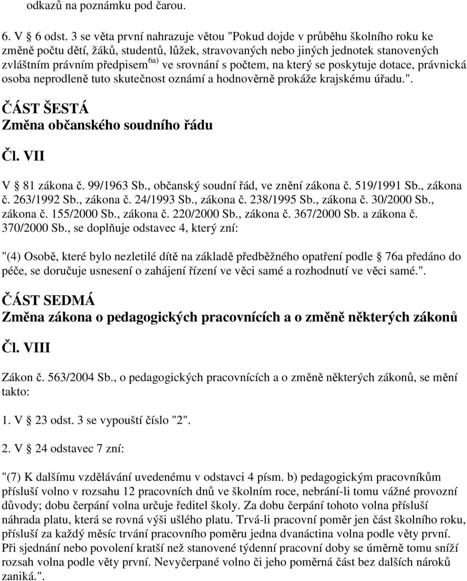 srovnání s počtem, na který se poskytuje dotace, právnická osoba neprodleně tuto skutečnost oznámí a hodnověrně prokáže krajskému úřadu.". ČÁST ŠESTÁ Změna občanského soudního řádu Čl.