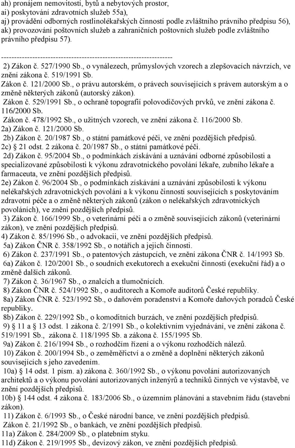 , o vynálezech, průmyslových vzorech a zlepšovacích návrzích, ve znění zákona č. 519/1991 Sb. Zákon č. 121/2000 Sb.