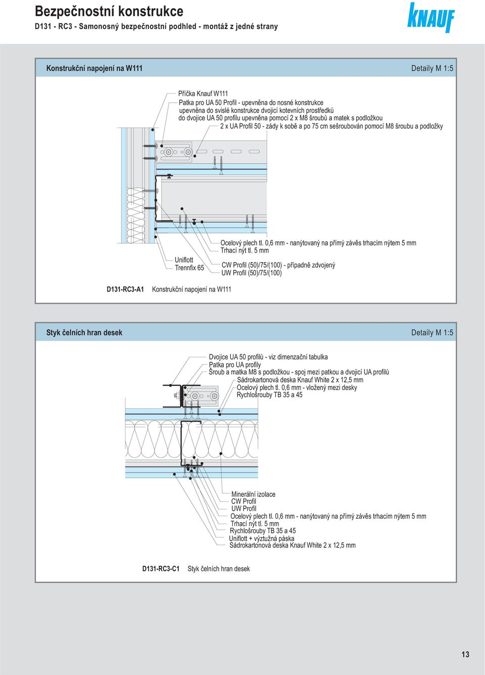 0,6 mm - nanýtovaný na přímý závěs trhacím nýtem 5 mm CW Profil (50)/75/(100) - případně zdvojený UW Profil (50)/75/(100) D131-RC3-A1 Konstrukční napojení na W111 Dvojice UA 50 profilů - viz