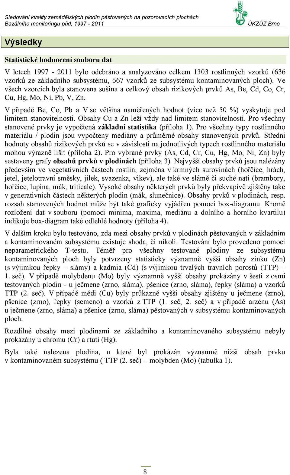 V případě Be, Co, Pb a V se většina naměřených hodnot (více než 50 %) vyskytuje pod limitem stanovitelnosti. Obsahy Cu a Zn leží vždy nad limitem stanovitelnosti.