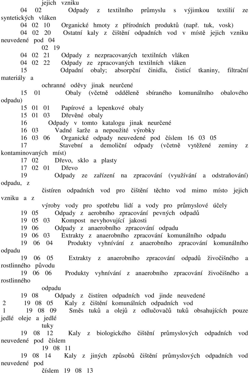 vláken 15 Odpadní obaly; absorpční činidla, čisticí tkaniny, filtrační materiály a ochranné oděvy jinak neurčené 15 01 Obaly (včetně odděleně sbíraného komunálního obalového odpadu) 15 01 01 Papírové