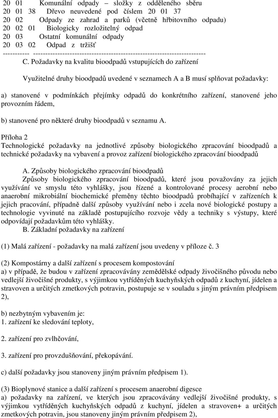 Požadavky na kvalitu bioodpadů vstupujících do zařízení Využitelné druhy bioodpadů uvedené v seznamech A a B musí splňovat požadavky: a) stanovené v podmínkách přejímky odpadů do konkrétního