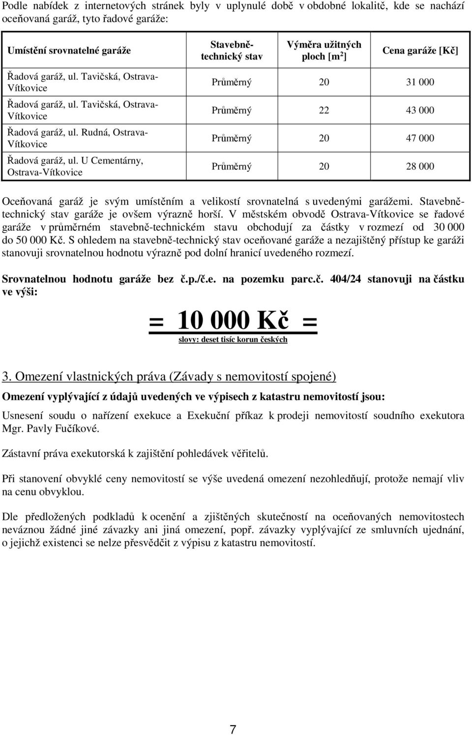 U Cementárny, Ostrava-Vítkovice Průměrný 20 31 000 Průměrný 22 43 000 Průměrný 20 47 000 Průměrný 20 28 000 Oceňovaná garáž je svým umístěním a velikostí srovnatelná s uvedenými garážemi.