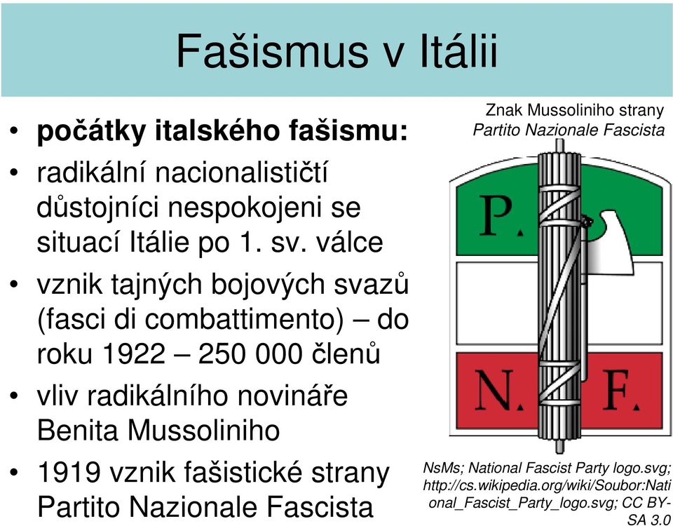 Benita Musslinih 1919 vznik fašistické strany Partit Nazinale Fascista Znak Musslinih strany Partit Nazinale