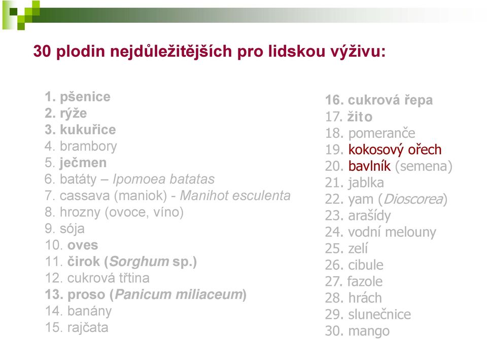 proso (Panicum miliaceum) 14. banány 15. rajčata 16. cukrová řepa 17. žito 18. pomeranče 19. kokosový ořech 20.