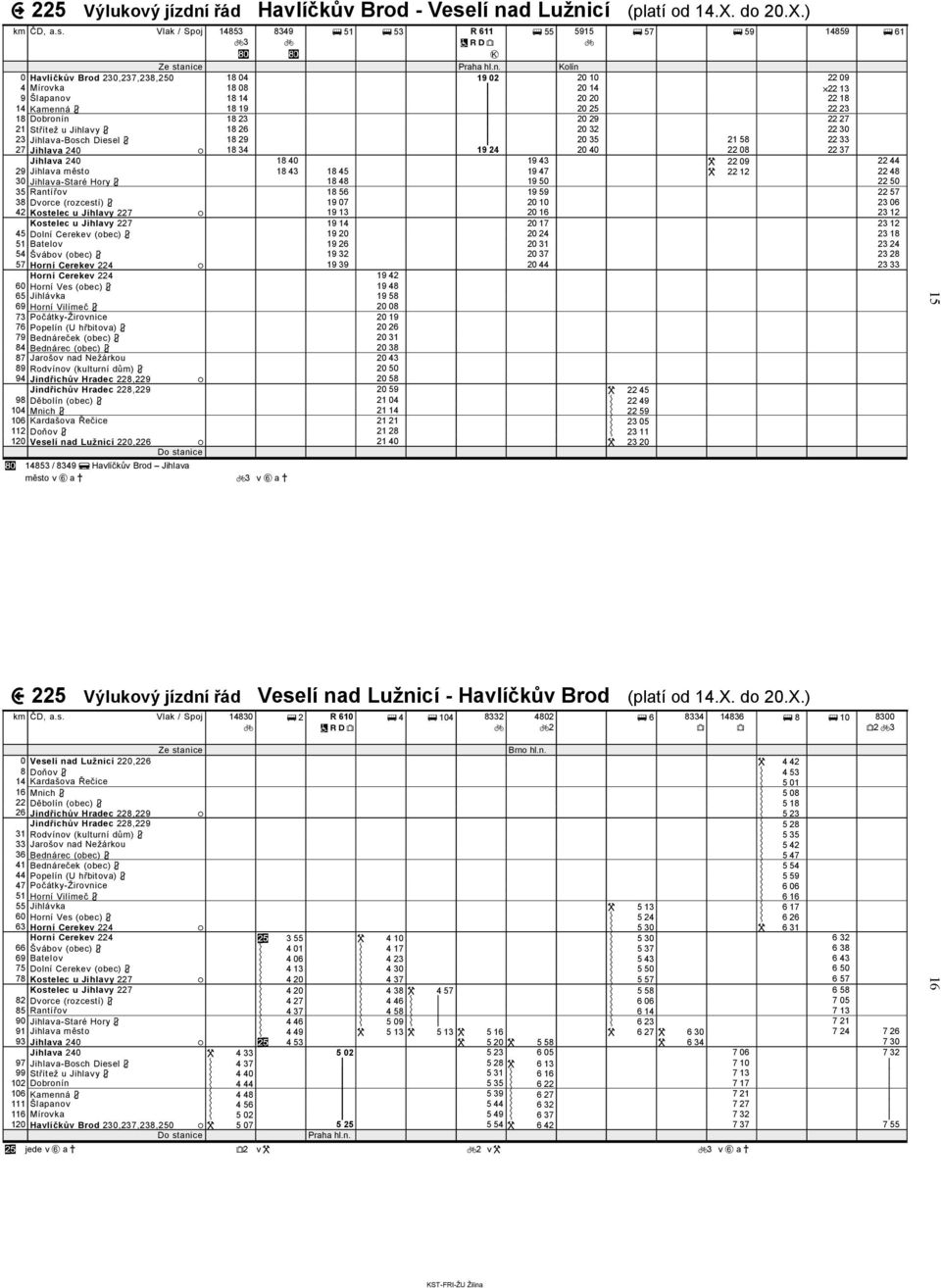 Kamenná 3 18 19 p 20 25 22 23 18 Dobronín 18 23 p 20 29 22 27 21 Střítež u Jihlavy 3 18 26 p 20 32 22 30 23 Jihlava-Bosh Diesel 3 18 29 p 20 35 21 58 22 33 27 Jihlava 240 / 18 34 19 24 20 40 22 08 22