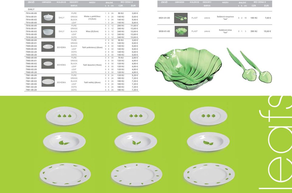 0 3 12 340 Kč 13,60 7959-00-00 PURE 0 6 30 90 Kč 3,60 7959-00-01 GRASS 0 6 30 140 Kč 5,60 7959-00-02 BLACK 0 6 30 140 Kč 5,60 BOHEMIA Talíř polévkový (22cm) 7959-00-05 LEAF 0 6 30 140 Kč 5,60