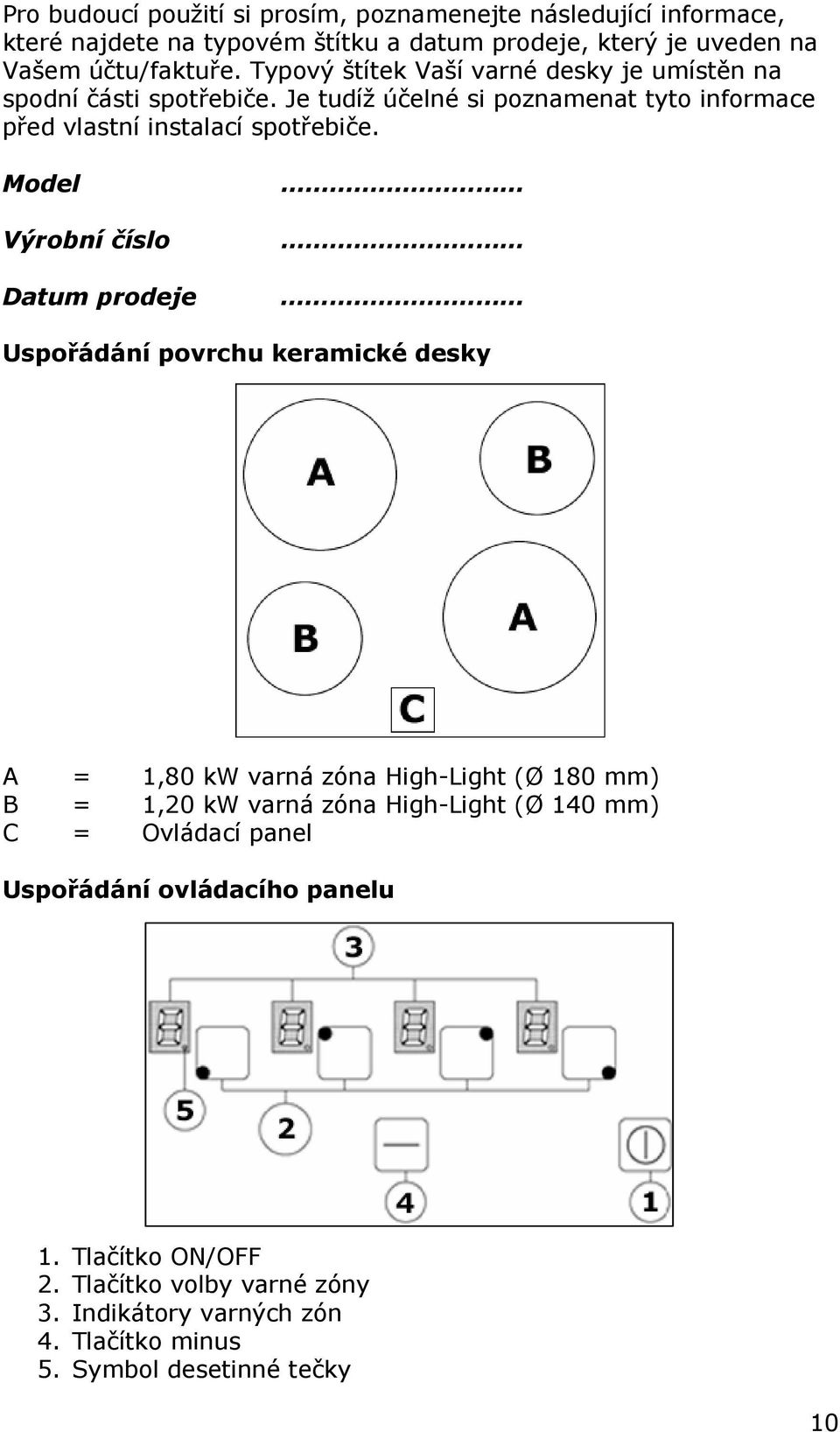Model Výrobní číslo Datum prodeje Uspořádání povrchu keramické desky A = 1,80 kw varná zóna High-Light (Ø 180 mm) B = 1,20 kw varná zóna High-Light (Ø 140