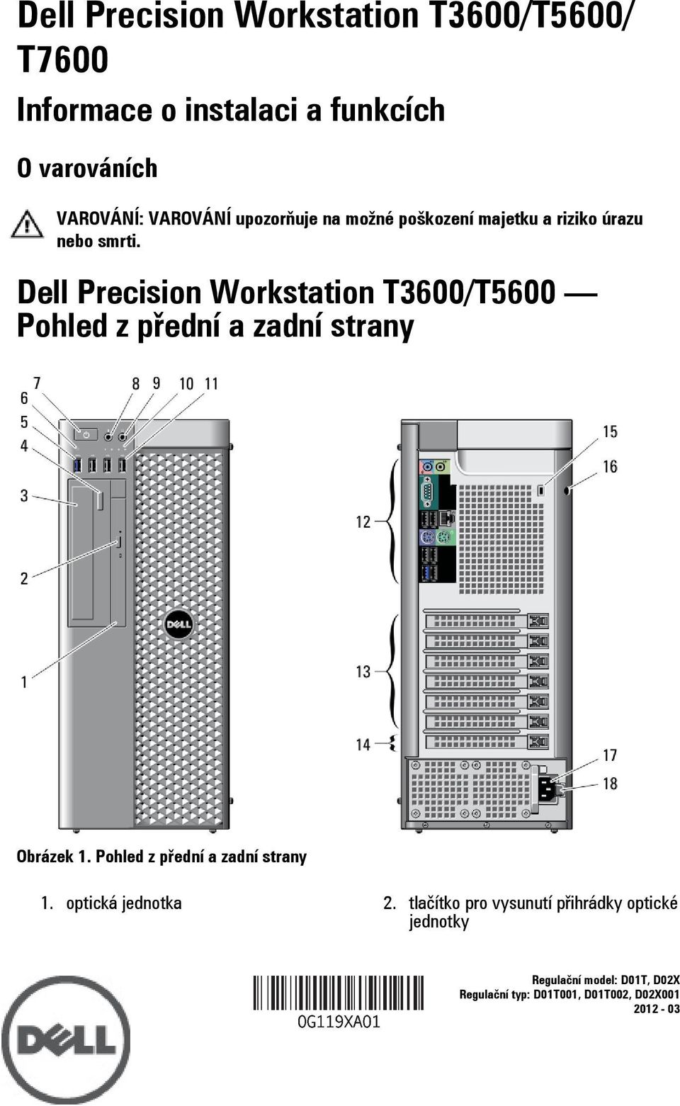 Dell Precision Workstation T3600/T5600 Pohled z přední a zadní strany Obrázek 1.