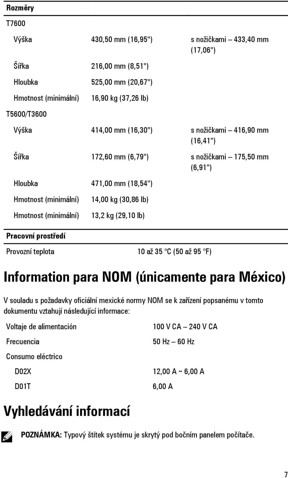 Pracovní prostředí Provozní teplota 10 až 35 C (50 až 95 F) Information para NOM (únicamente para México) V souladu s požadavky oficiální mexické normy NOM se k zařízení popsanému v tomto dokumentu