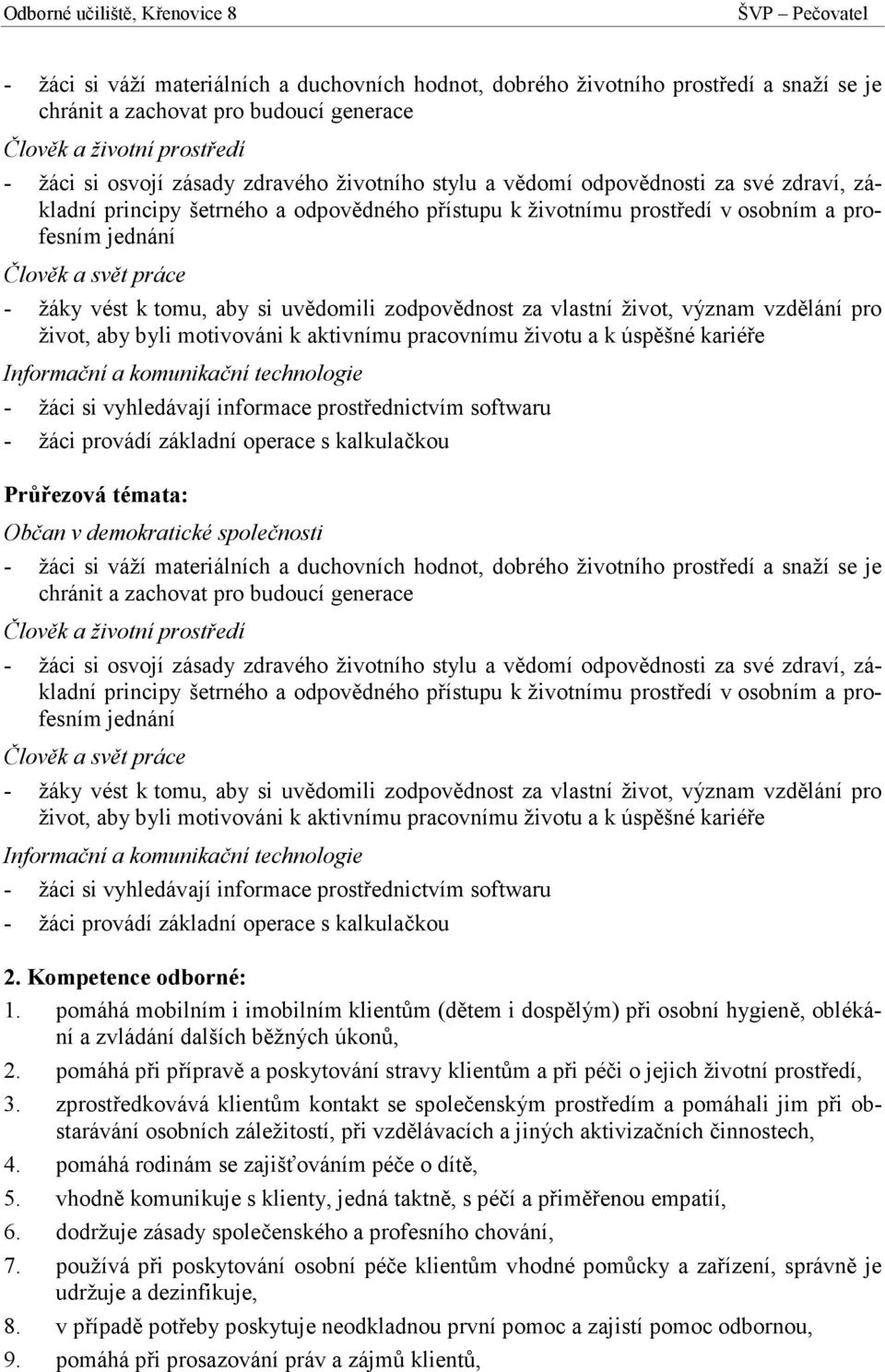 si uvědomili zodpovědnost za vlastní život, význam vzdělání pro život, aby byli motivováni k aktivnímu pracovnímu životu a k úspěšné kariéře Informační a komunikační technologie - žáci si vyhledávají